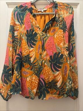 Daniel Rainn Tropical Pineapple Print Blouse - Mustard, Pink, Teal